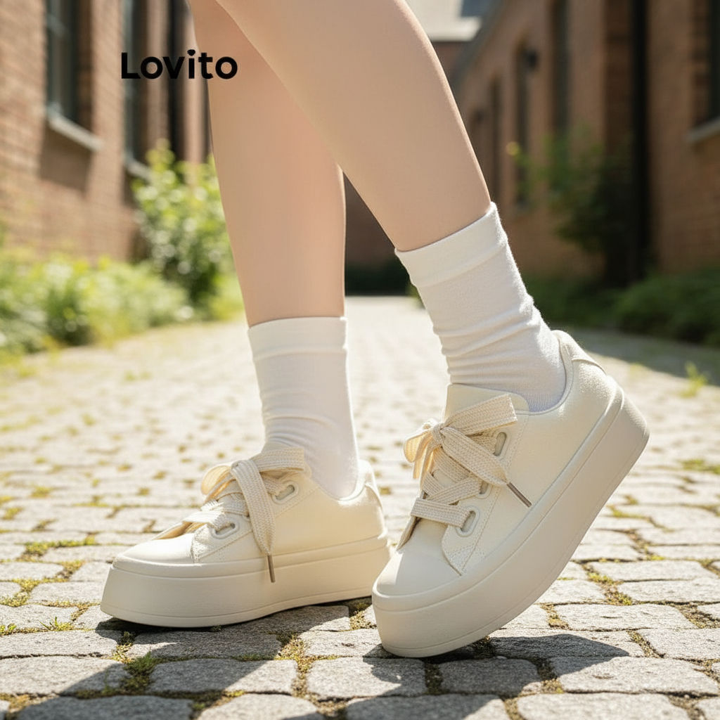 Lovito Tênis Casual de Sola Grossa Liso para Mulheres LFA20372 em Oferta na Shopee