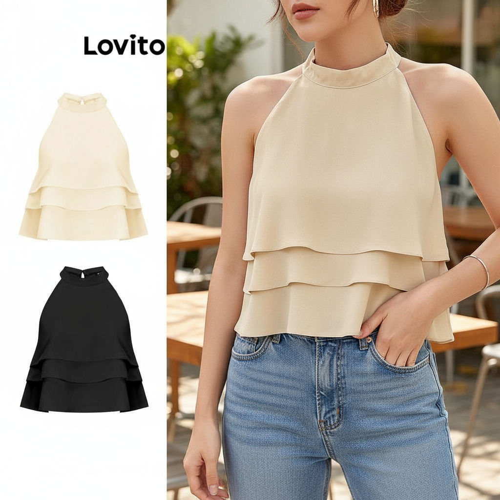 Lovito Top Feminino Sofisticado de Camadas Liso com Design em Camadas L71ED061 (Caqui Claro/Preto) em Oferta na Shopee