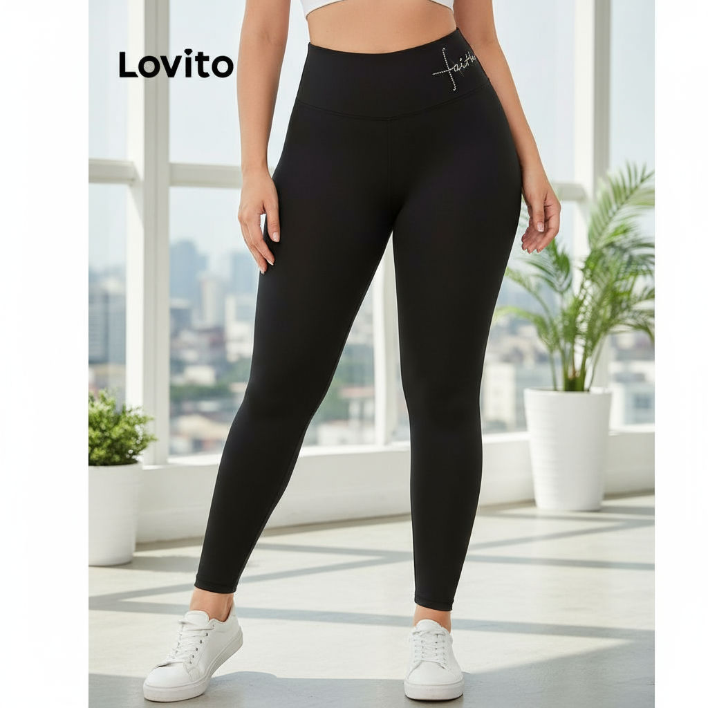 Lovito Calça Legging Plus Size Feminina com Estampa de Letras LNE72219 em Oferta na Shopee