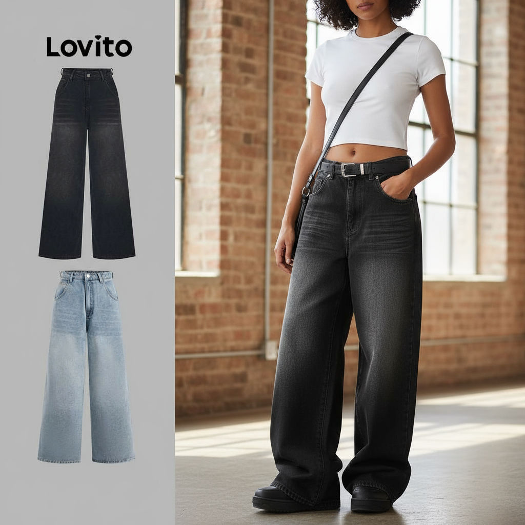 (Trendy2) Lovito Jeans casual simples com lavagem crua para mulheres 102AD449 em Oferta na Shopee