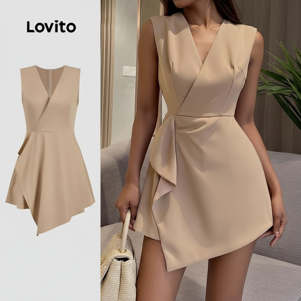 Lovito Vestido Feminino Liso Básico Com Zíper Elegante em Cáqui para Primavera/Verão L134LD309 em Oferta na Shopee
