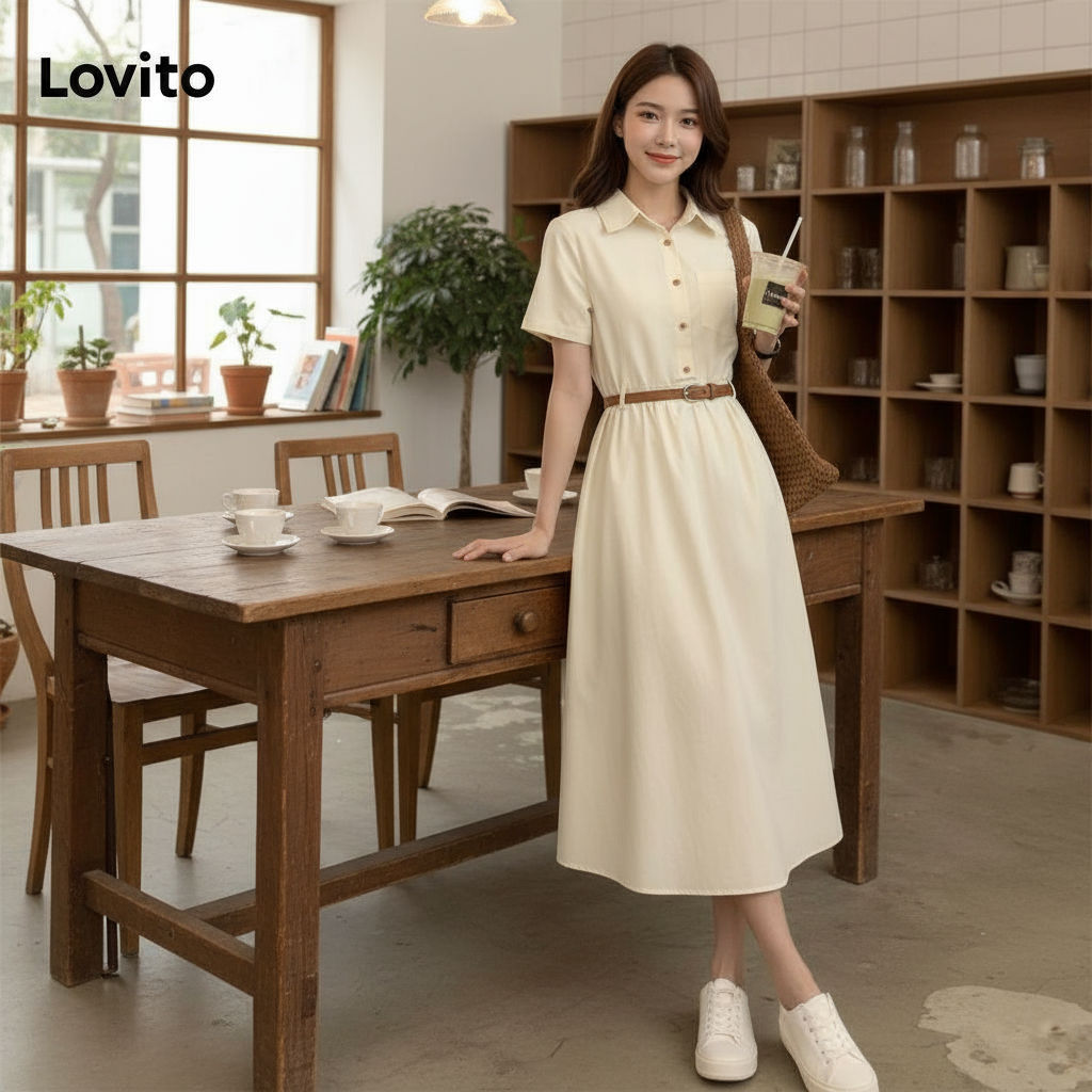 Lovito Vestido Elegante Vestido Liso Com Botões Para Mulheres LNE70163\2 em Oferta na Shopee