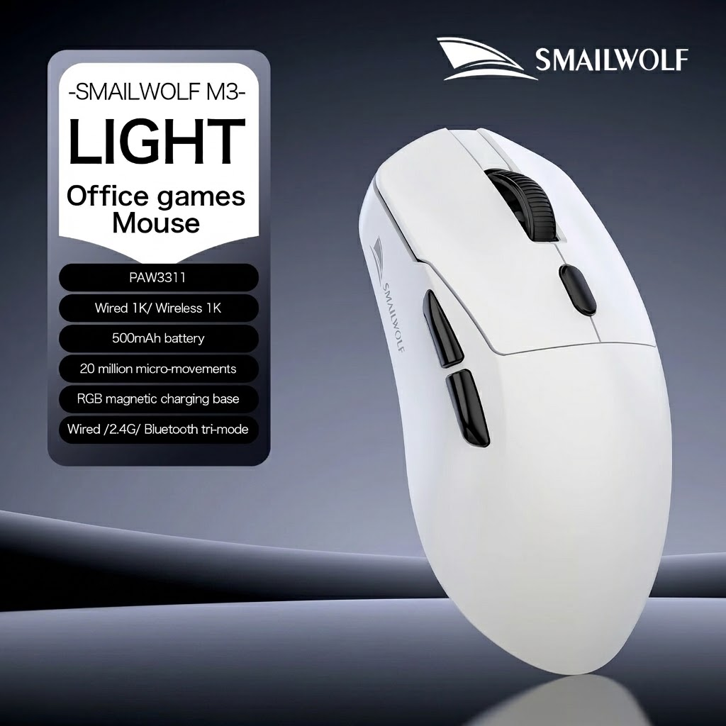 Mouse Gamer SMAILWOLF M3 Ergonômico Tri-Modo Sensor Óptico PAW3311 12000 DPI 1000Hz Design Leve para PC e Laptop