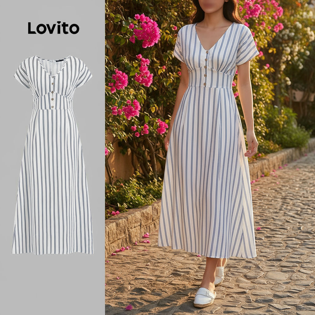 Lovito Vestido Feminino Casual Drapeado com Botão Plissado para Verão e Primavera L129AD1056 em Oferta na Shopee