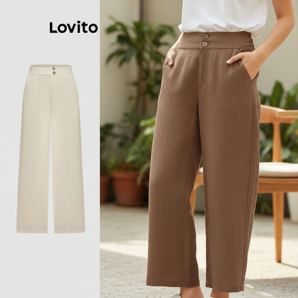 Lovito Calça Básica Feminina em Algodão e Linho com Botão Frontal LNE21224 em Oferta na Shopee