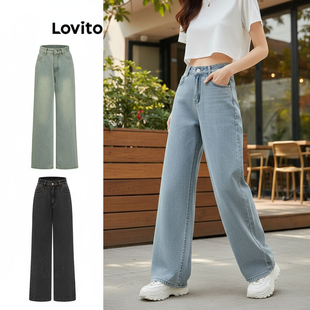 (Trendy2) Lovito Calça Jeans Feminina Casualprimento Total Cintura Alta Zíper Frontal Básico L47AD053 (Multicolorido)