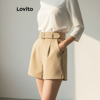 Shorts femininos Lovito, casual para verão/primavera, bolso metálico, corte assimétrico, lisos - LNL48148 em Oferta na Shopee