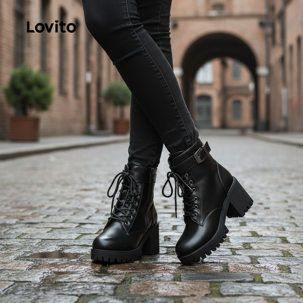 Lovito Botas Pretas Femininas Casuais Lisas com Cadarço e Salto Grosso Ondulado LFA82115 em Oferta na Shopee