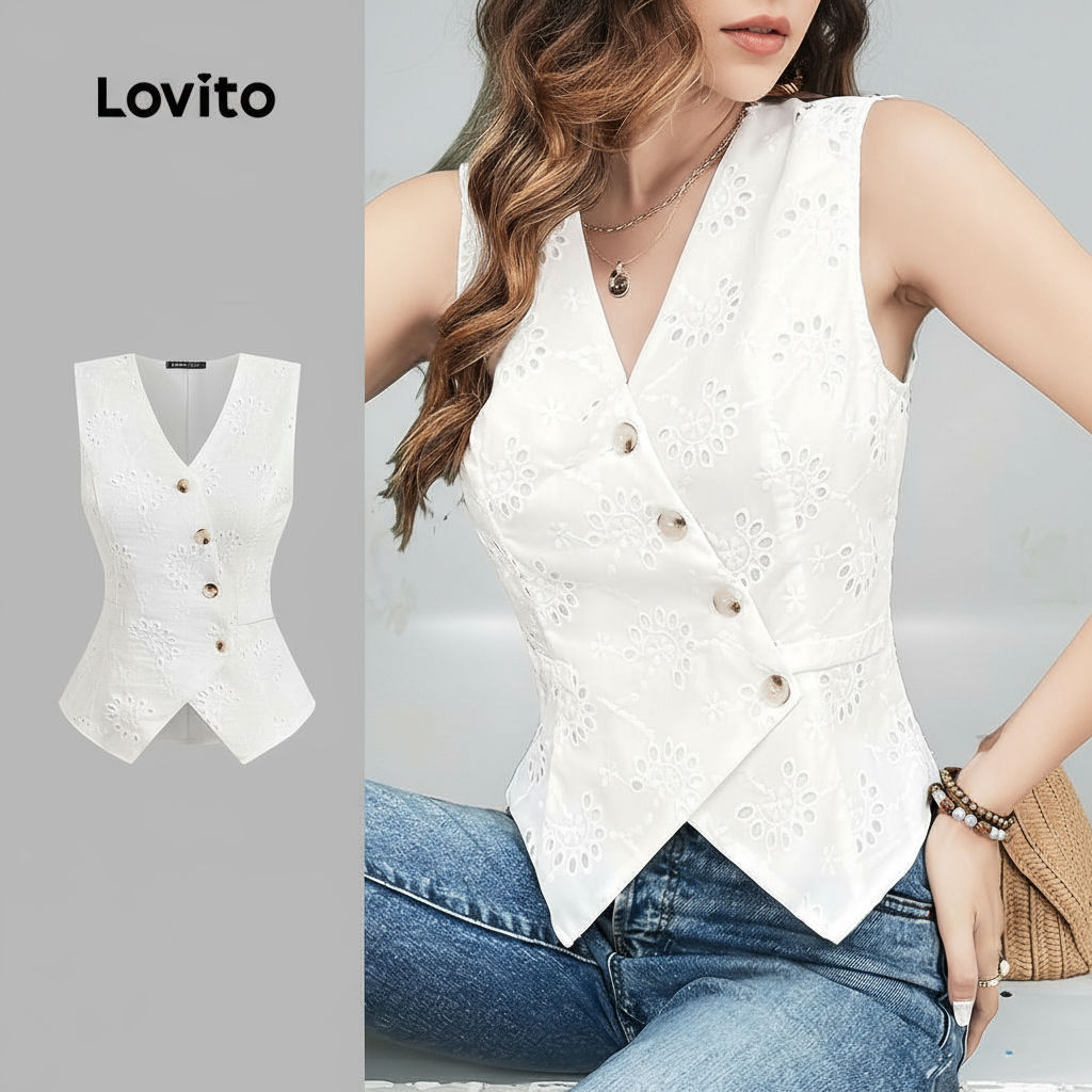 Blusa Feminina Branca Casual com Bordado e Aberturas em Ilhós, Primavera/Verão, Marca Lovito L143AD1885 em Oferta na Shopee