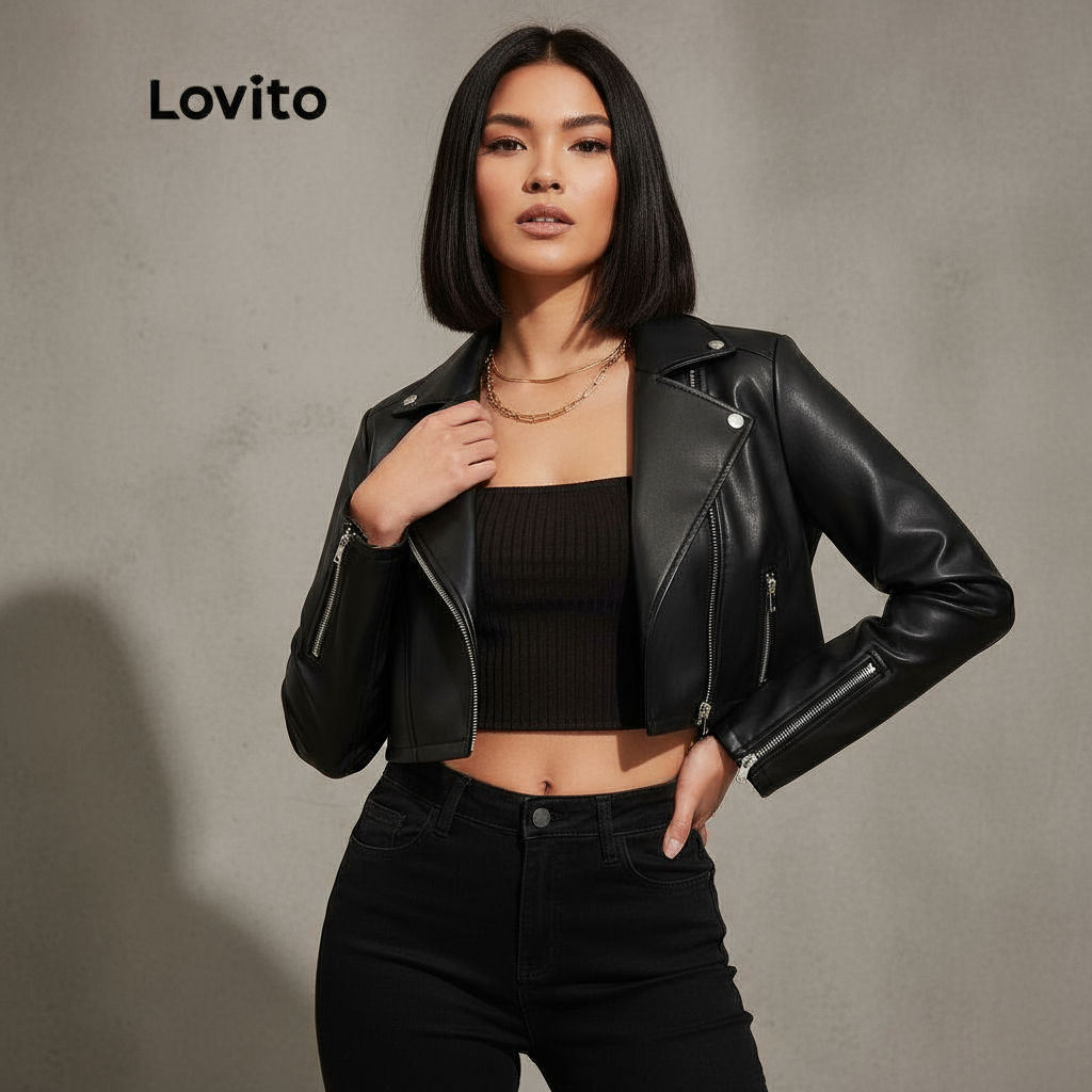 Lovito Casual Jaqueta Feminina Moto Lisa De Couro PU Com Zíper Gola De Lapela L45LD008\3 em Oferta na Shopee