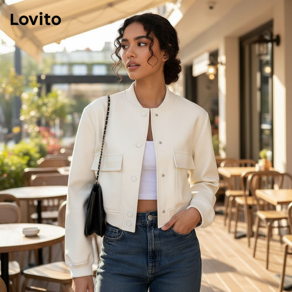 Jaqueta Feminina Lovito Casual Corta-Vento com Botões Frontais e Proteção à Água LNL52139 em Oferta na Shopee