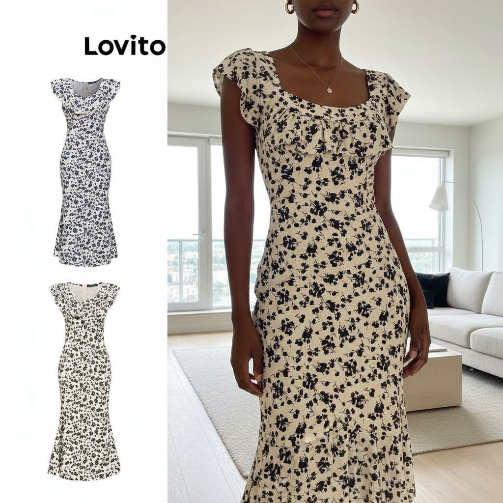 Lovito Vestido Feminino Floral Com Babado Para Verão E Primavera LNE43345 (Multicolorido)\5 em Oferta na Shopee
