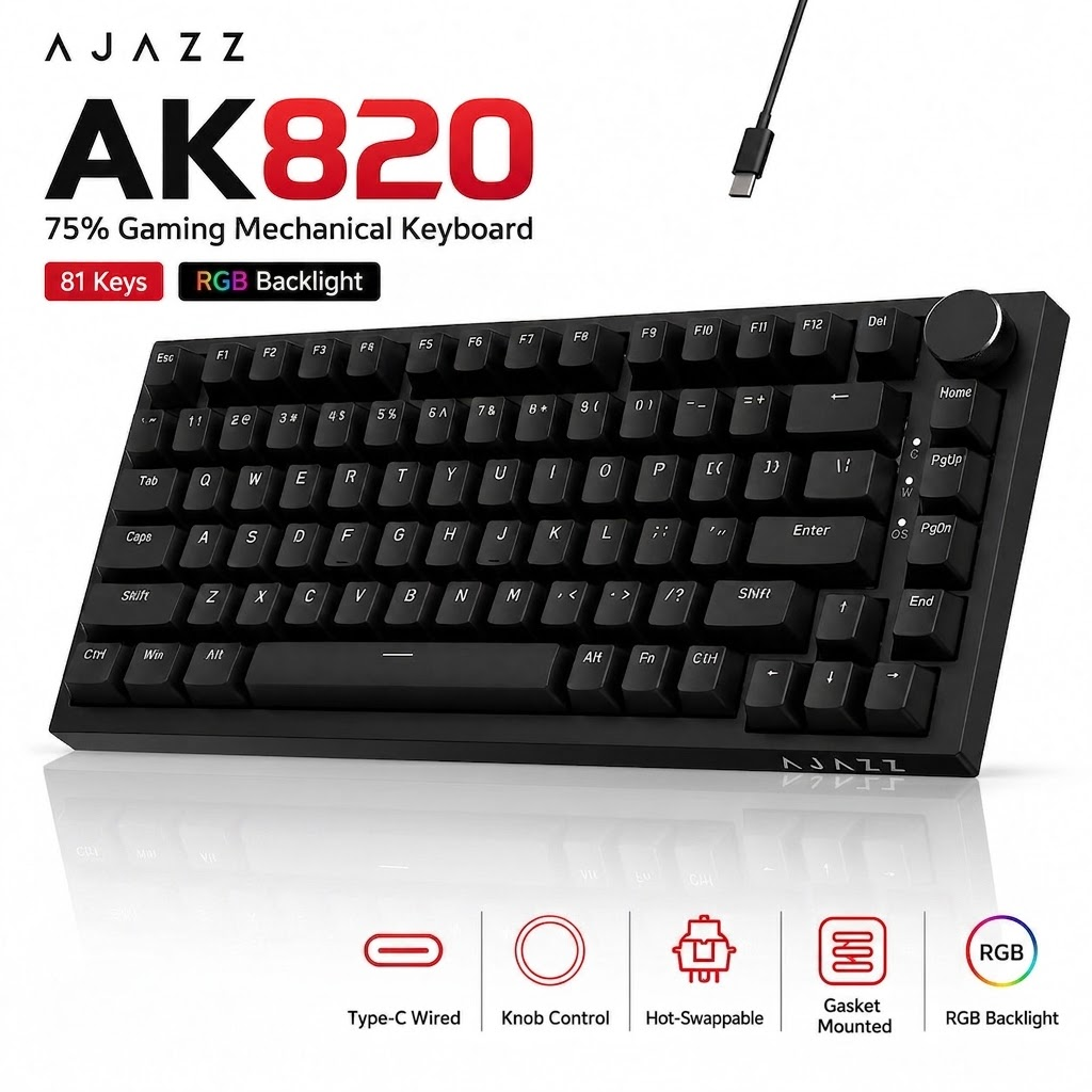 AJAZZ AK820 Teclado Mecânico Para Jogos Com Fio Hot Swappable Gasket Mount Botão Multifuncional Compacto Retroiluminado