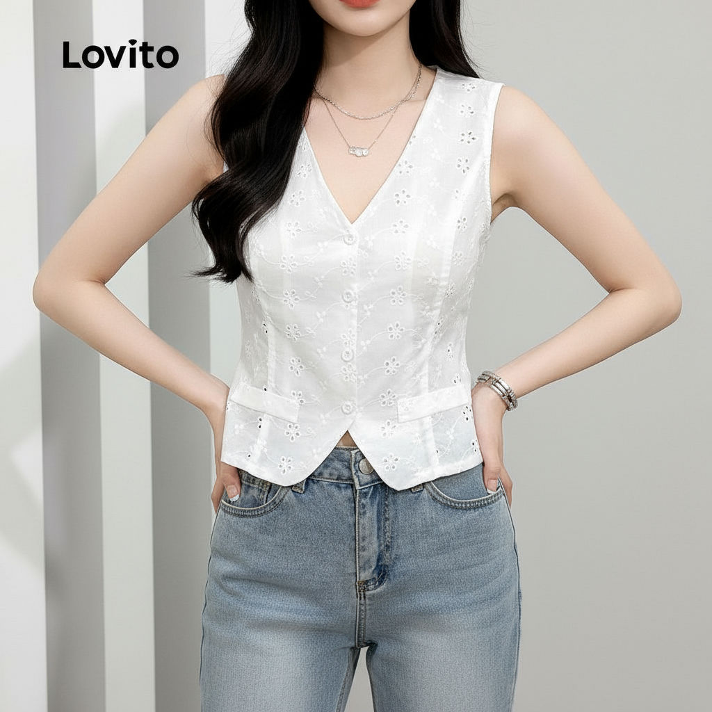 Lovito Regata Feminina Casual Lisa Bordada Ilhós Verão Primavera L132ED550