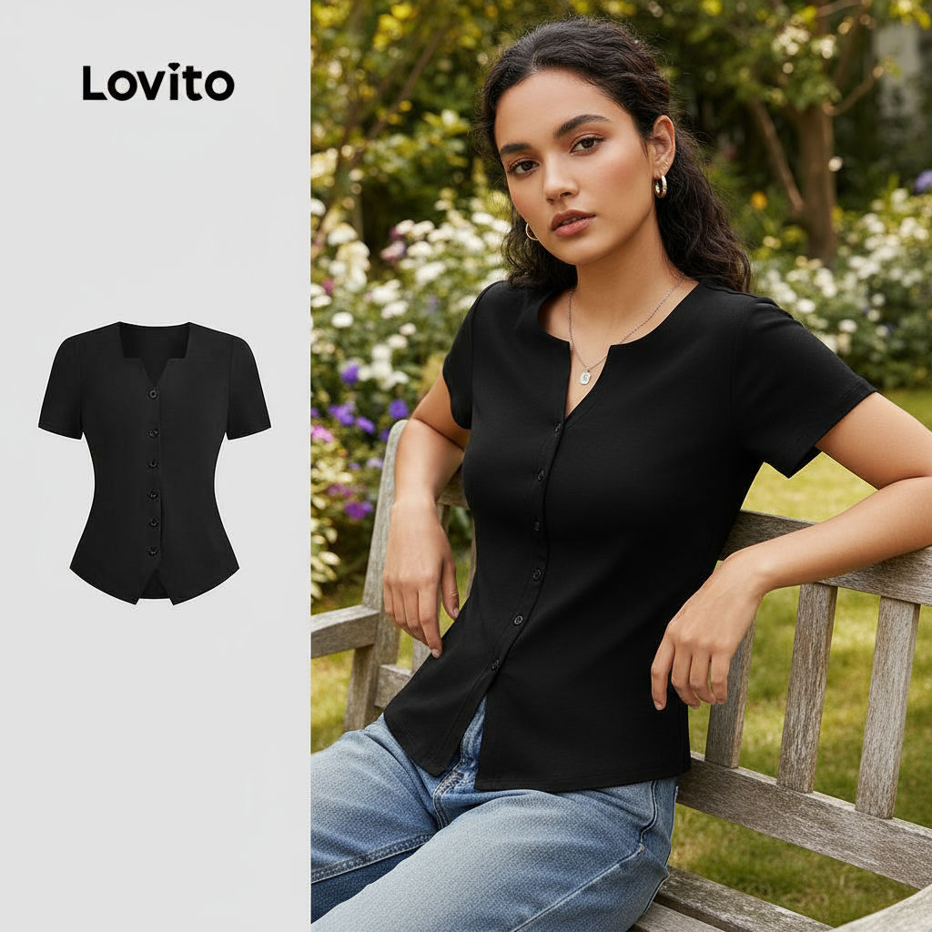 Lovito Camiseta Feminina Preta Casual Com Botão Lisa Dividida Frontal Primavera/Verão L135A2D216 em Oferta na Shopee