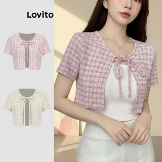Lovito Blusa Feminina Casual de Primavera e Verão com Gravata Frontal Xadrez em Renda L90AD001 (Multicolor) em Oferta na Shopee