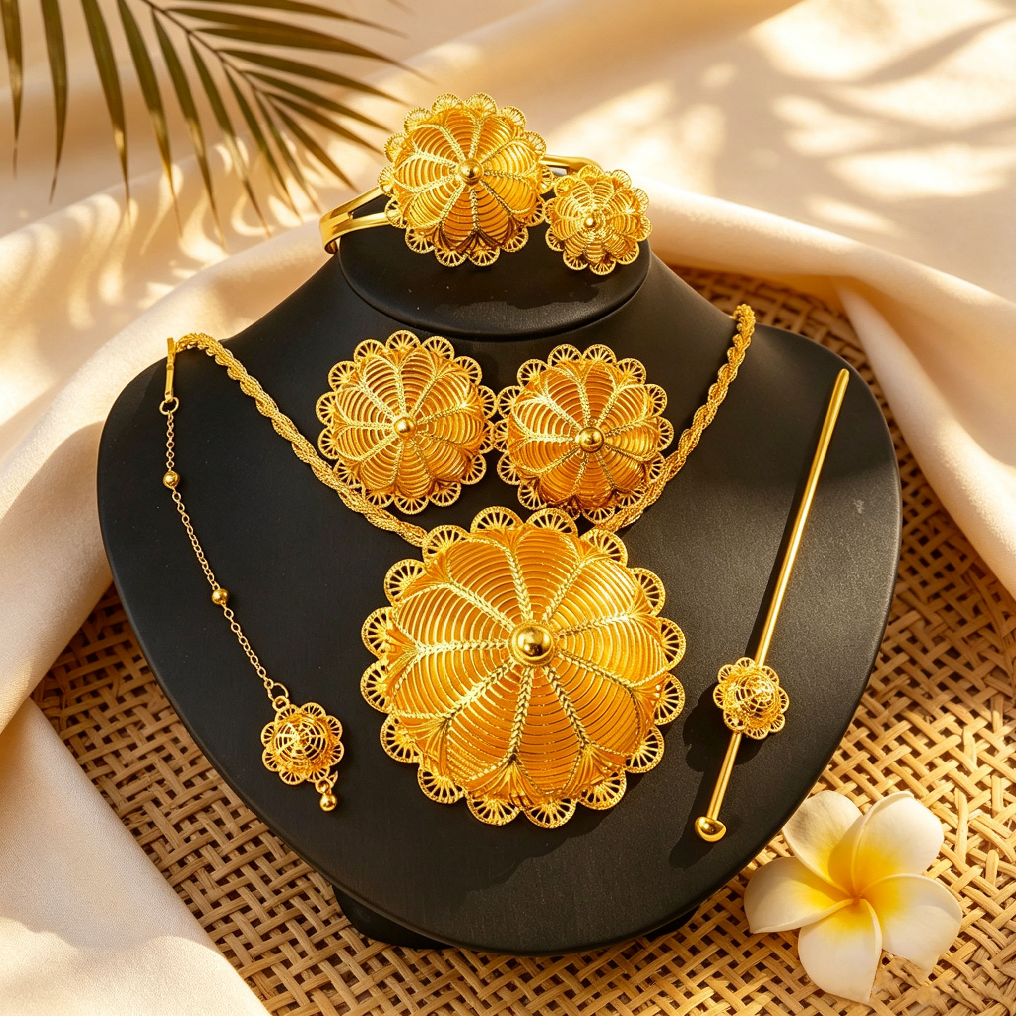 Conjunto de Acessórios 6 peças Filigrana de Teia de Aranha, acessórios femininos dourados, acessórios de praia, enfeite