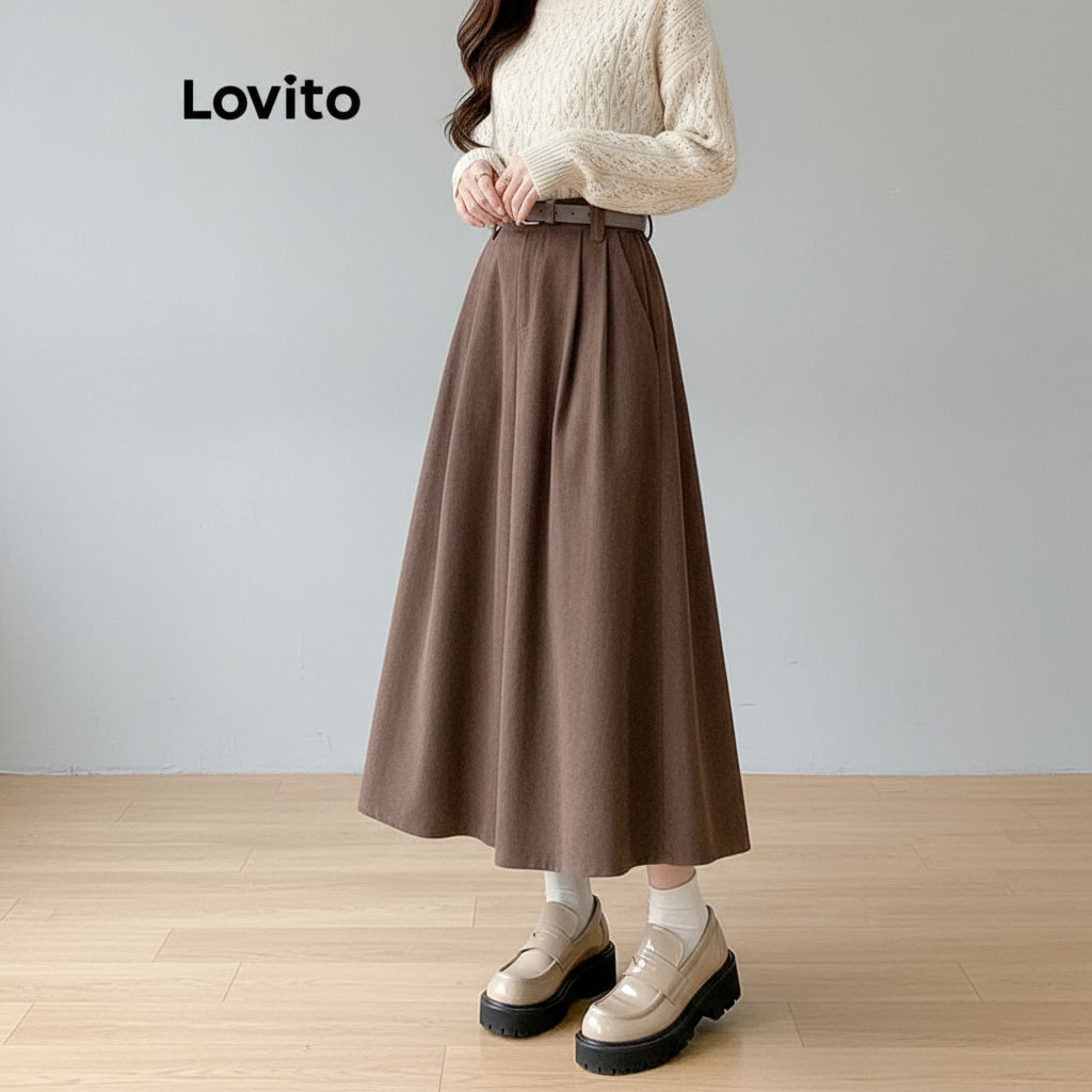 Lovito Saias Lisas Casuais Femininas LNE33239 (Marrom/Preto)\3 em Oferta na Shopee