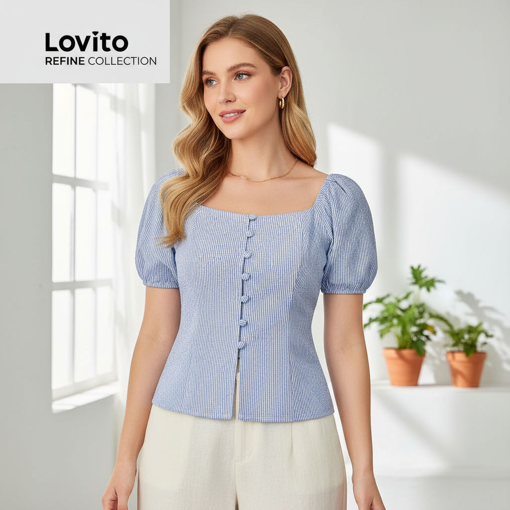 (Lovito Refine) Blusa Elegante Listrada Com Cadarço Para Mulheres LR4LD114\6 em Oferta na Shopee