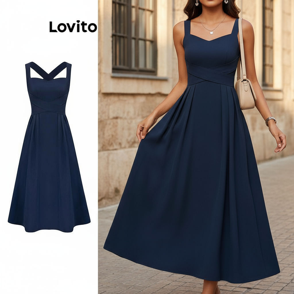 Lovito Vestido Feminino Elegante Liso Plissado com Cadarço L104ED144