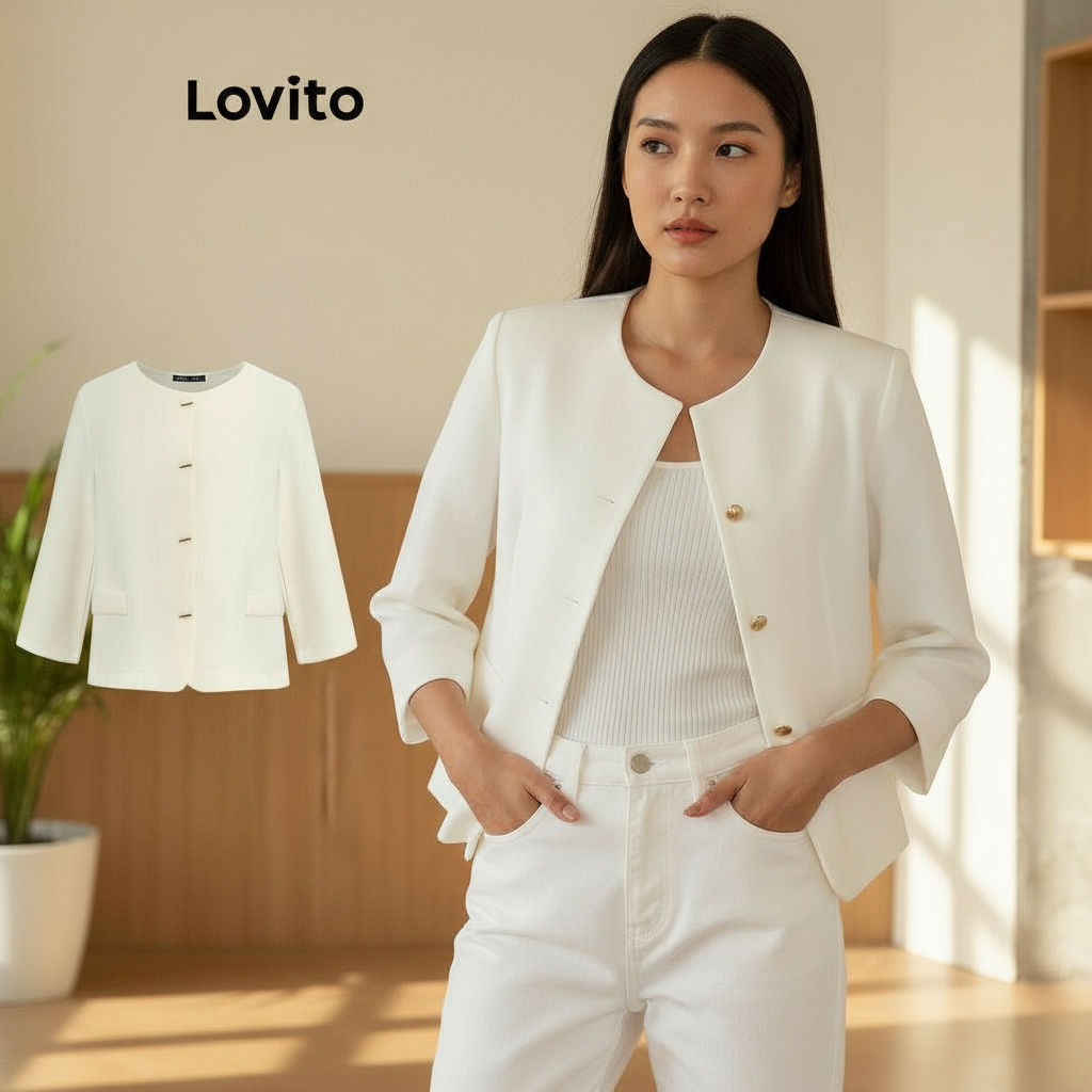 Blazer feminino casual Lovito com botões, modelo 102AD502 em Oferta na Shopee