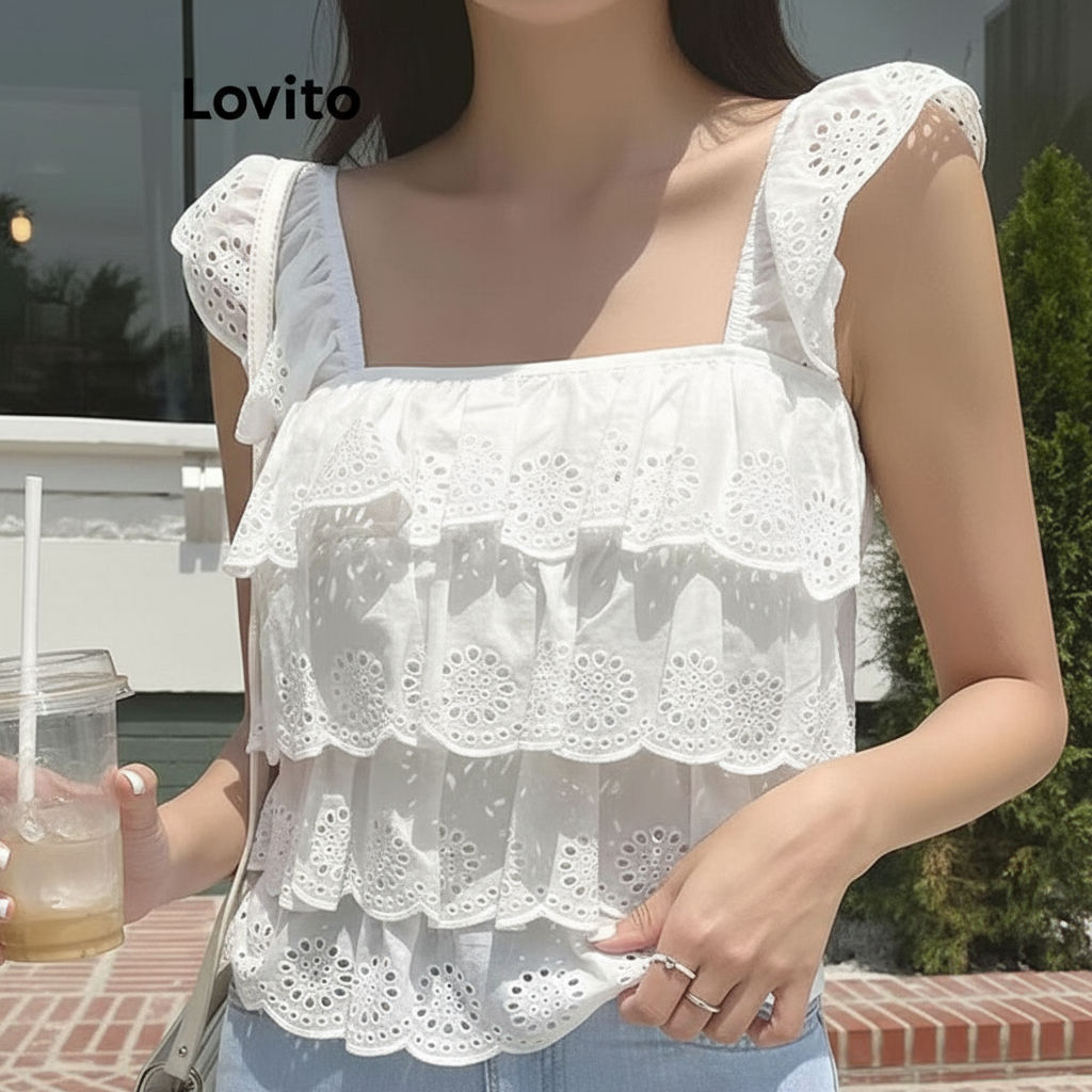 Lovito Blusa Feminina Casual Lisa em Camadas com Ilhós Bordados e Bainha Enrugada L71ED049 (Preto/Branco) em Oferta na Shopee