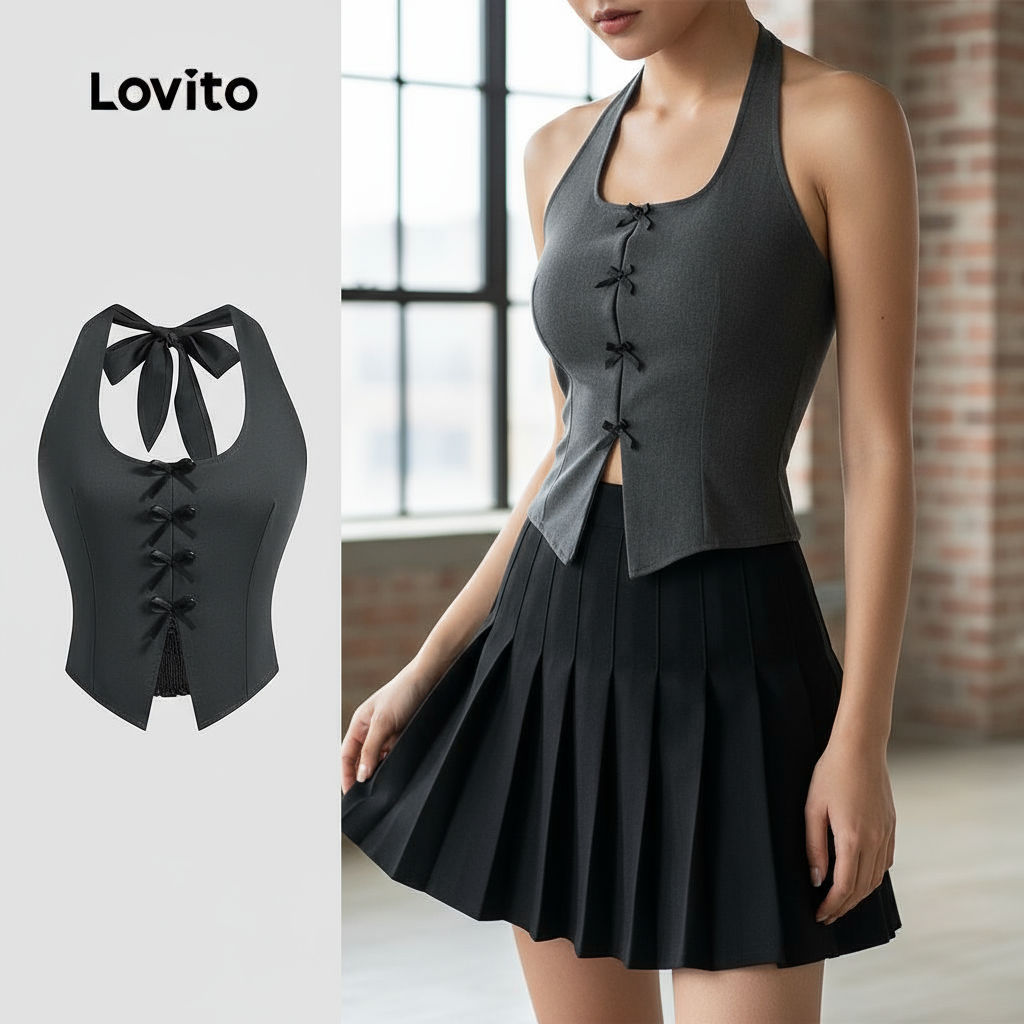 (Trendy2) Lovito Regata Elegante Com Laço Liso E Regata Feminina L120ED046 em Oferta na Shopee
