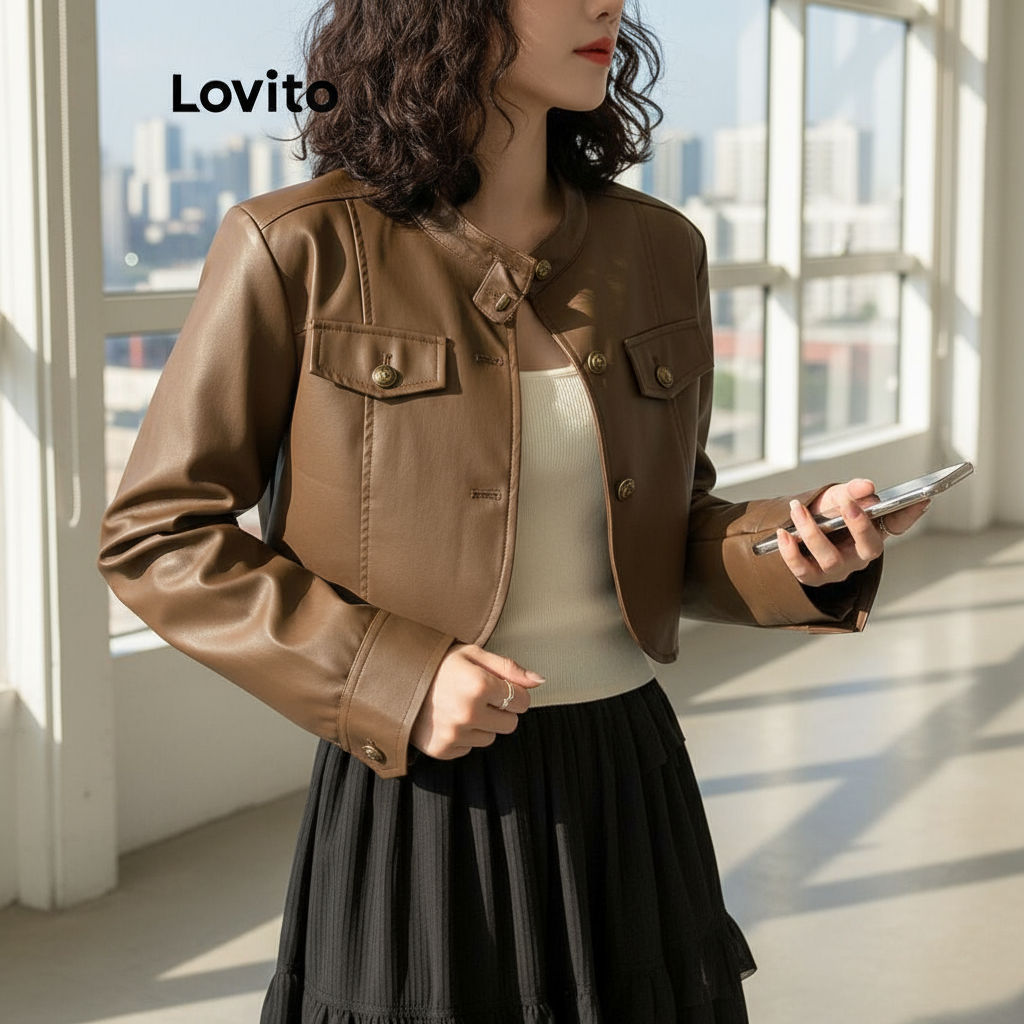 Lovito Jaqueta Casual Com Botão E Bolso Falso Corta-Vento/Jaqueta Impermeável Para Mulheres LNE30296\3 em Oferta na Shopee