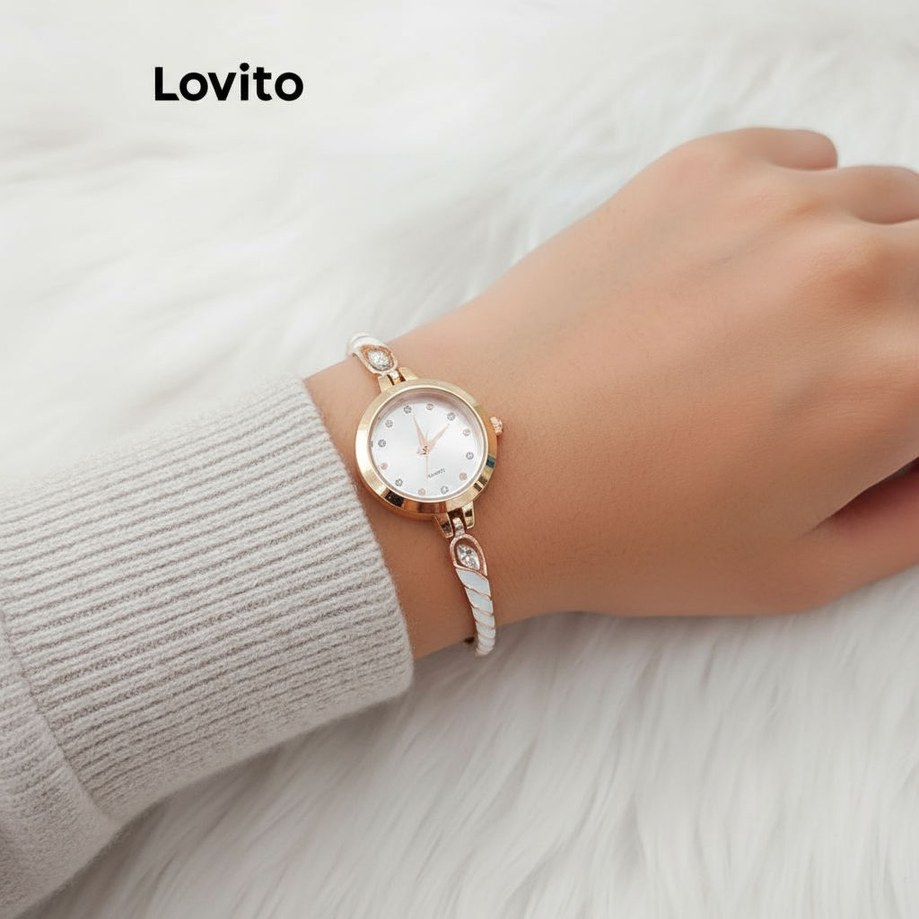 Lovito Relógio feminino à prova d'água, quartzo, strass liso, esmalte, elegante LFA30366