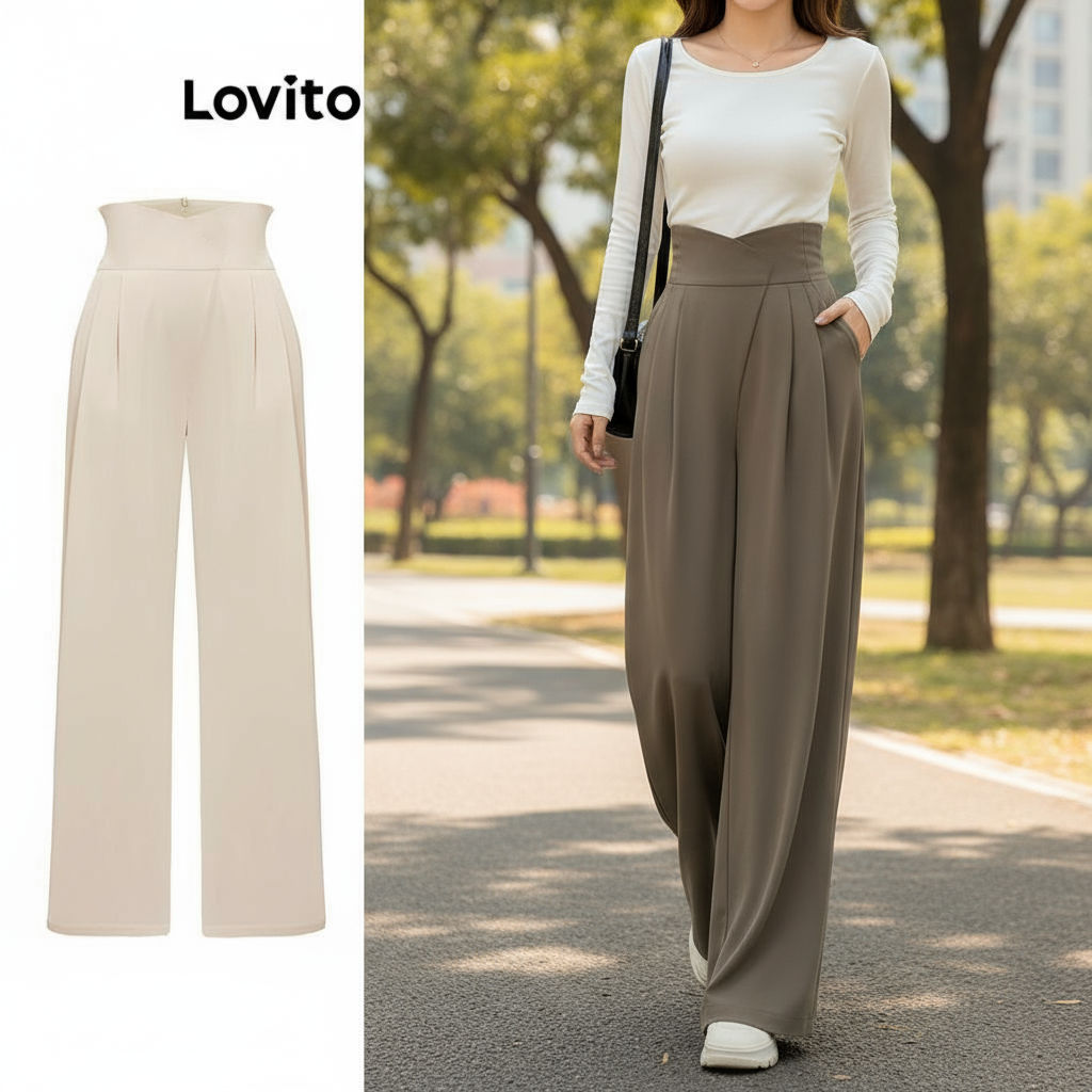 Lovito Calça Casual Lisa Assimétrica Drapeada Para Mulheres LNA35055\2