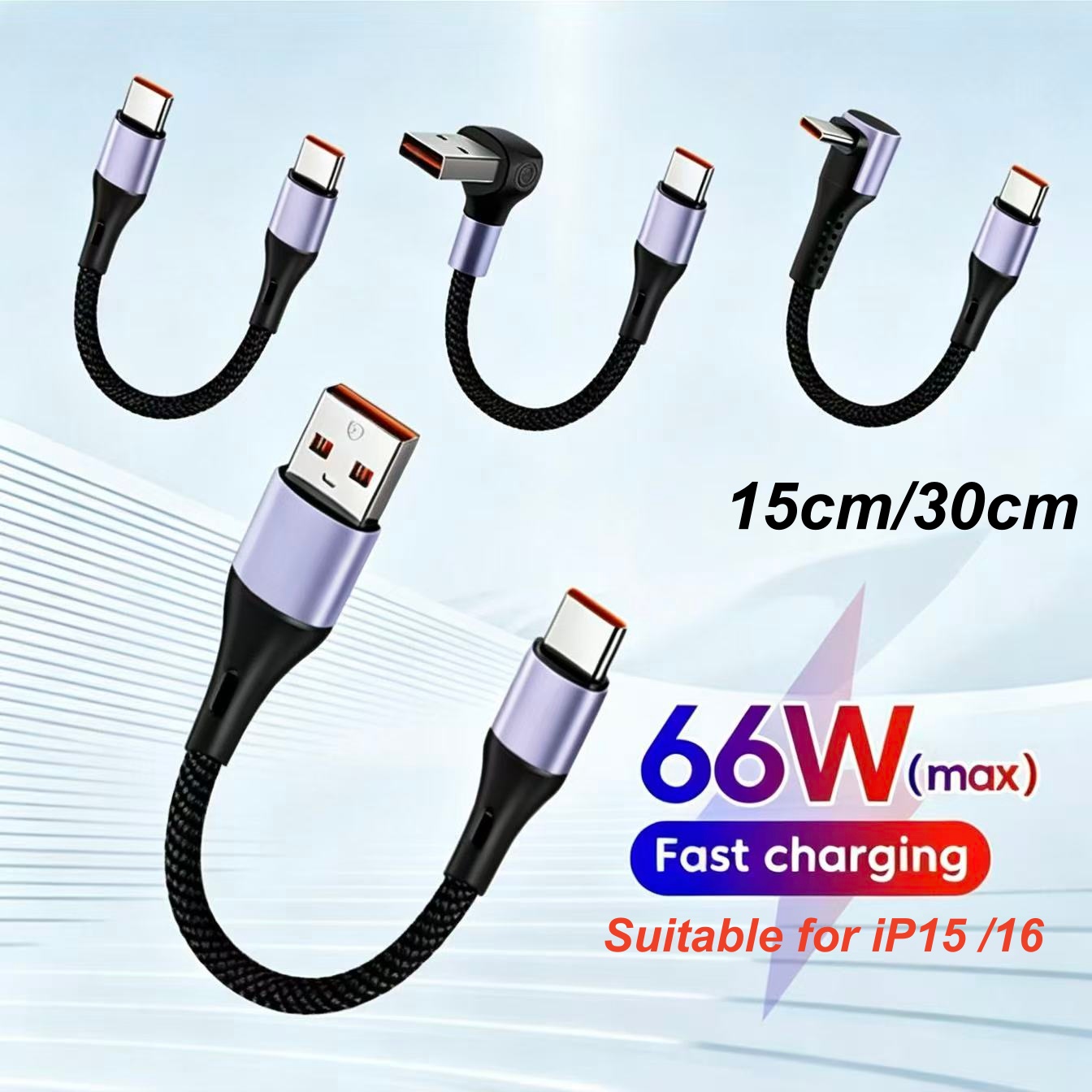 Cabo Curto Tipo C 90 Graus USB Tipo C para Tipo C 6A 66W Carregamento Rápido 15CM 30CM Power Bank Cabo USB C Para