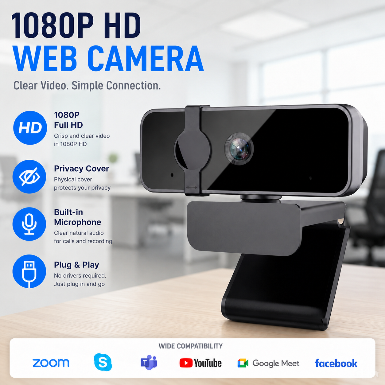 Câmera Web JCL 1080P para PC e Notebook, Câmera USB Plug and Play com Microfone Integrado e Tampa de Privacidade, para
