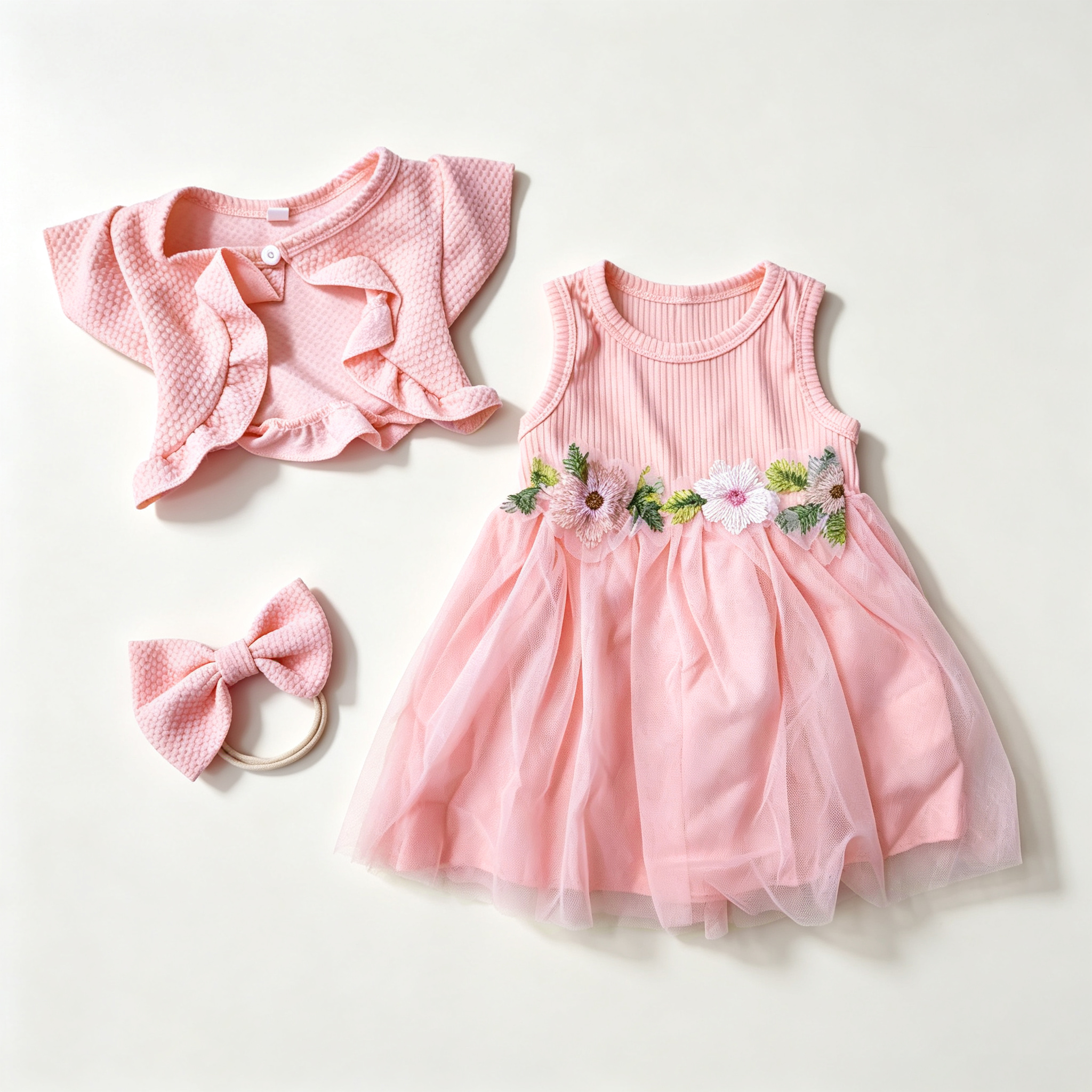 Bebê Menina Rosa Flor Bordado 3 Peças Vestido Conjunto Tule Cardigan Acessório De Cabelo 1o Aniversário Roupa De Princes