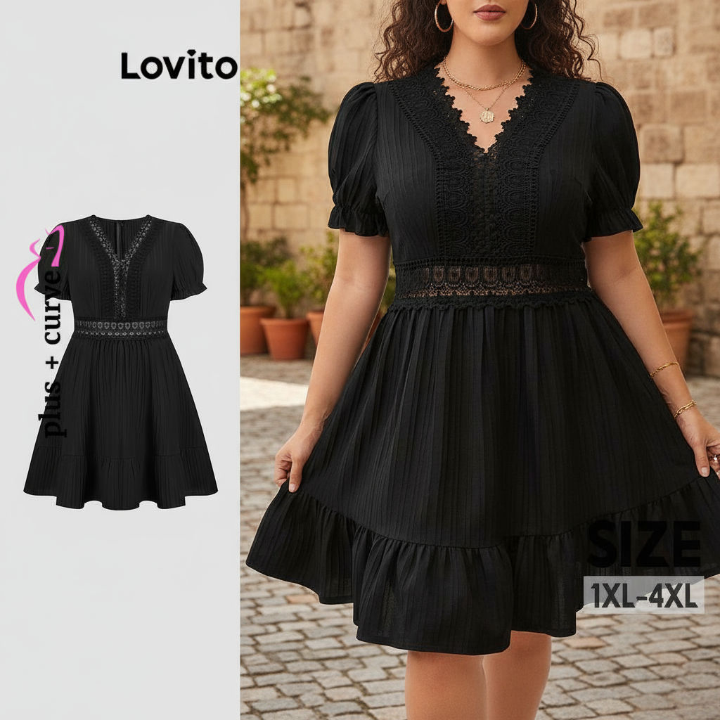 Lovito Vestido Plus Size Curvo Elegante de Renda Lisa Feminino LBL19816 em Oferta na Shopee