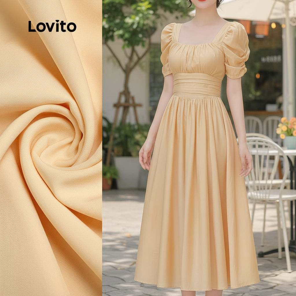 Lovito Vestido Feminino Amarelo com Pregas e Textura Sofisticada para Primavera/Verão L137LD391