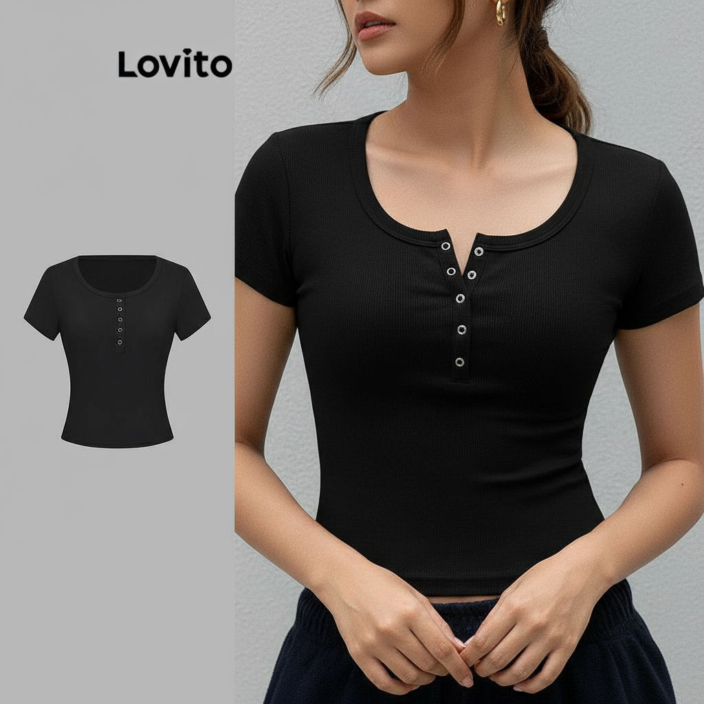 Lovito Camiseta Feminina Casual Canelada com Botões L106AD194