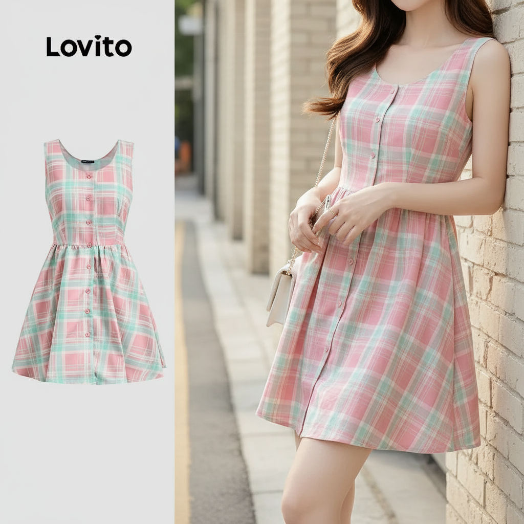 Lovito Vestido Feminino Xadrez Drapeado com Botões para Primavera/Verão L133AD514 em Oferta na Shopee