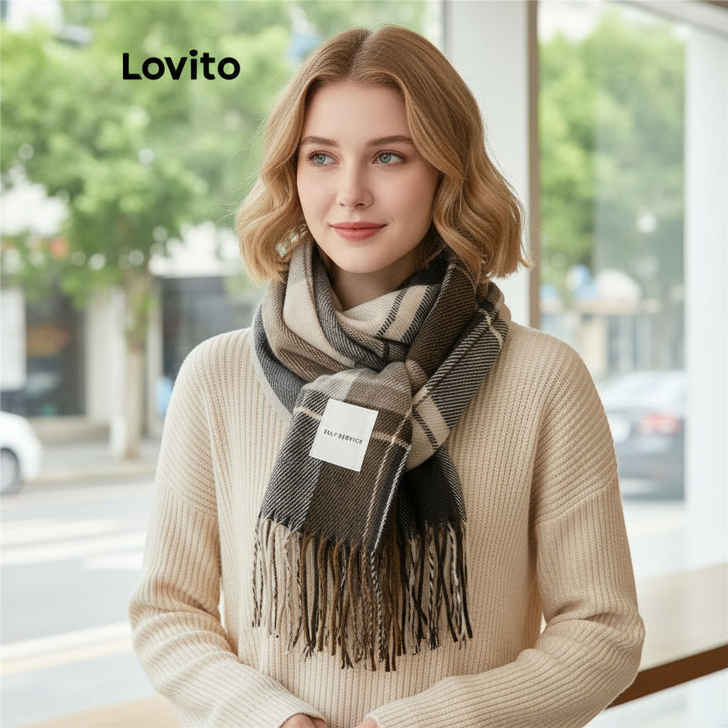 Lovito Lenço Feminino Casual Xadrez com Franjas para Outono/Inverno LNA32169 em Oferta na Shopee