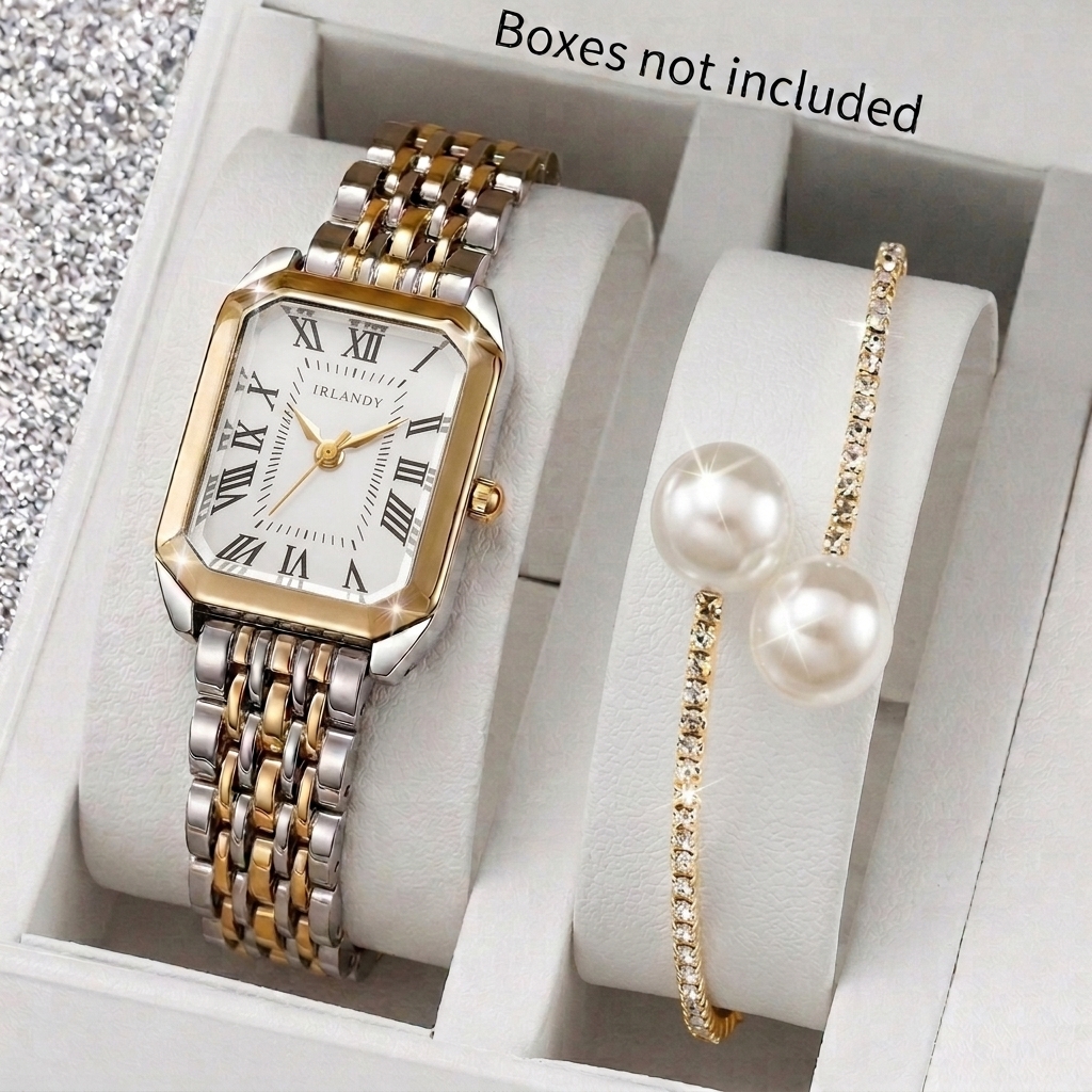 2 Pçs Elegante Retângulo Feminino Relógios De Quartzo Pérola Pulseira Conjunto Senhoras Relógio De Pulso Presente