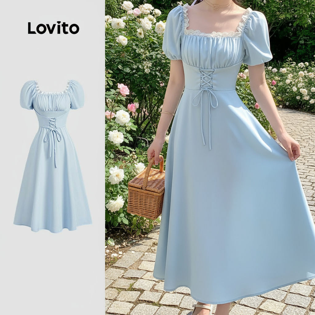 Lovito Vestido Feminino Casual Liso com Amarração para Verão e Primavera L128ED120 em Oferta na Shopee