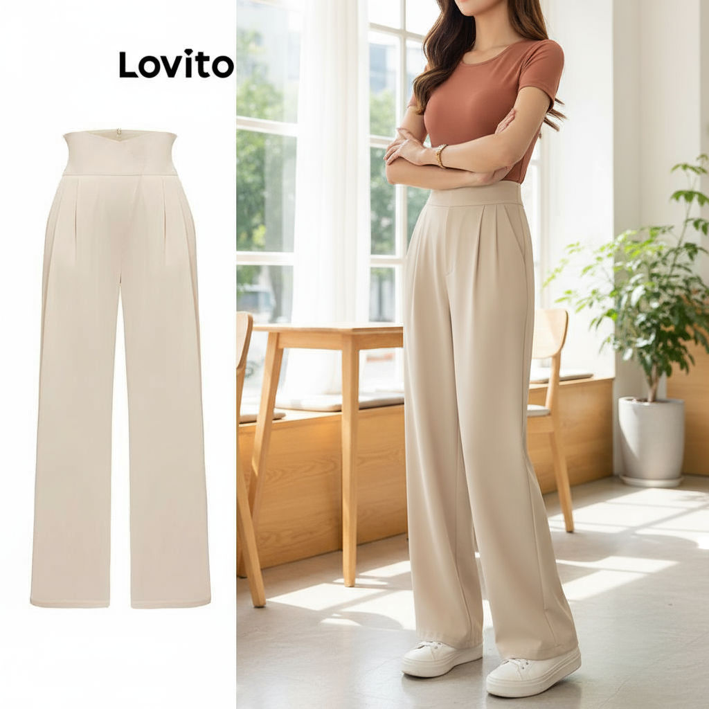 Lovito Calça Casual Lisa Assimétrica Drapeada Para Mulheres LNA35055\3 em Oferta na Shopee