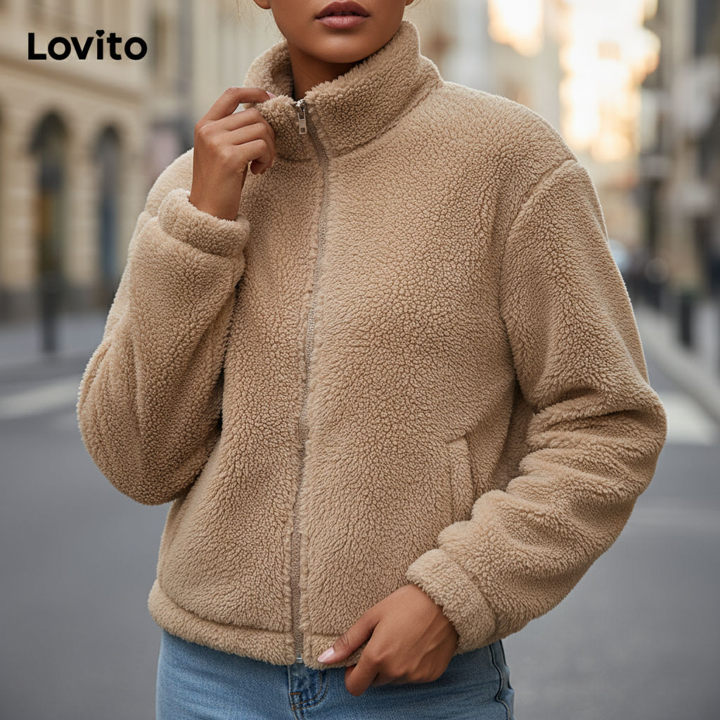Lovito Casaco Feminino Básico com Zíper em Cores Lisas LNE29211 (Damasco/Marrom/Cáqui Claro/Preto)\2 em Oferta na Shopee