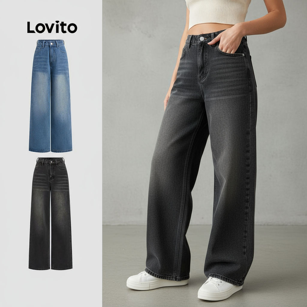Lovito Calça Jeans Casual com Bolsos para Mulheres L106AD1240\5 em Oferta na Shopee