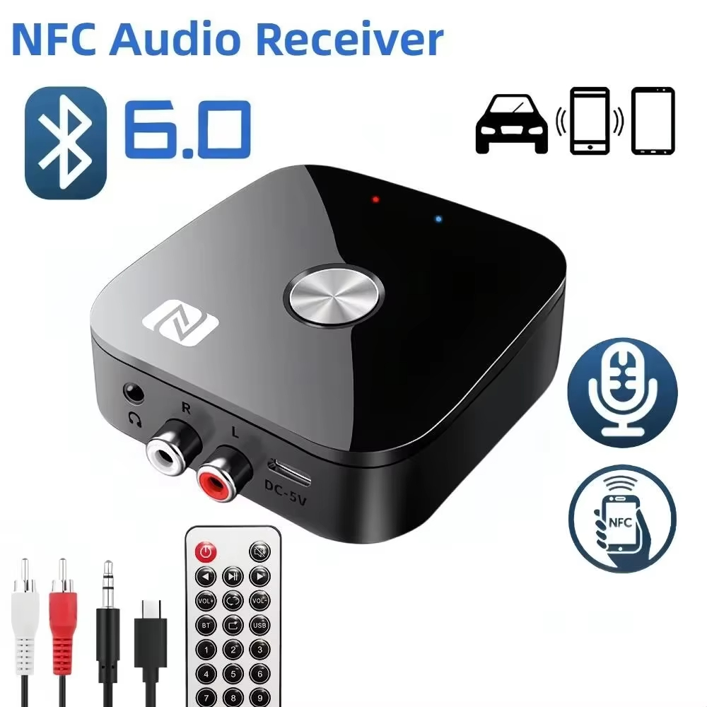 Receptor de Áudio Bluetooth NFC 6.0 Adaptador Sem Fio Estéreo RCA R/L AUX 3.5mm Reprodução USB Controle Remoto