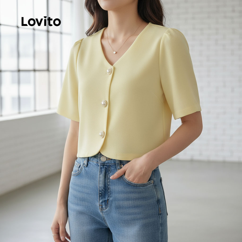 Blusa Feminina Amarela Elegante com Botões Frontais para Primavera/Verão L137LD167 em Oferta na Shopee
