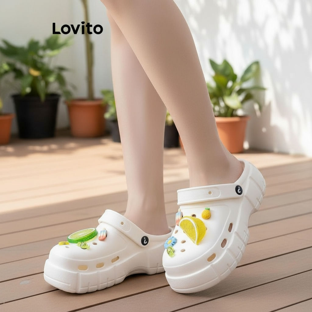 Lovito Sandália Plana Feminina Casual Antiderrapante Verão Liso Frutas LFA71151 em Oferta na Shopee