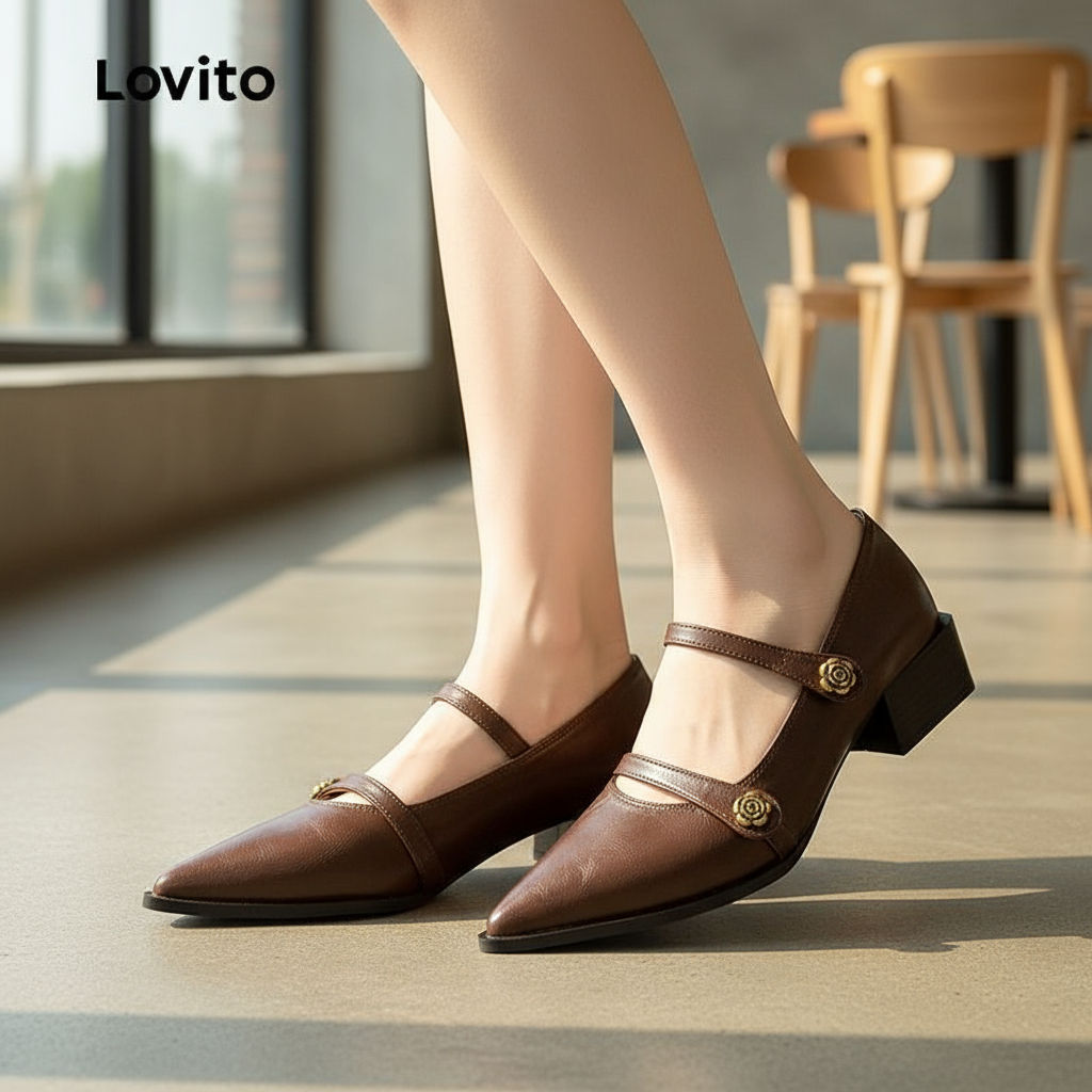 Lovito Sapatilha Casual Feminina com Flor Lisa e Salto Baixo Pontiagudo para Escritório LFA75020 em Oferta na Shopee