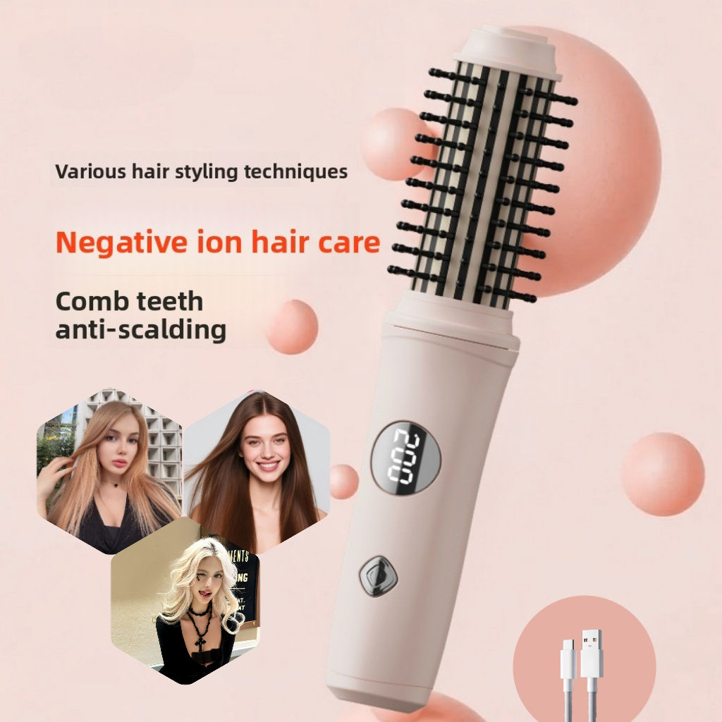 Escova de Cabelo Portátil Mini, Sem Fio, Recarregável, Aquecimento Rápido, 3 em 1, Alisador e Modelador de Cachos, Uso
