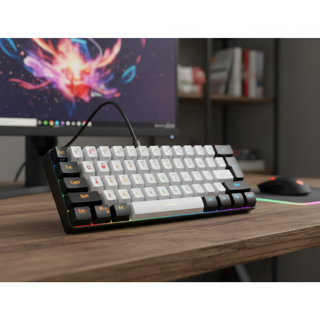 61 Teclas Teclado para Jogos com Teclado Numérico Retroiluminação RGB Design Compacto Cabo USB-C Removível para