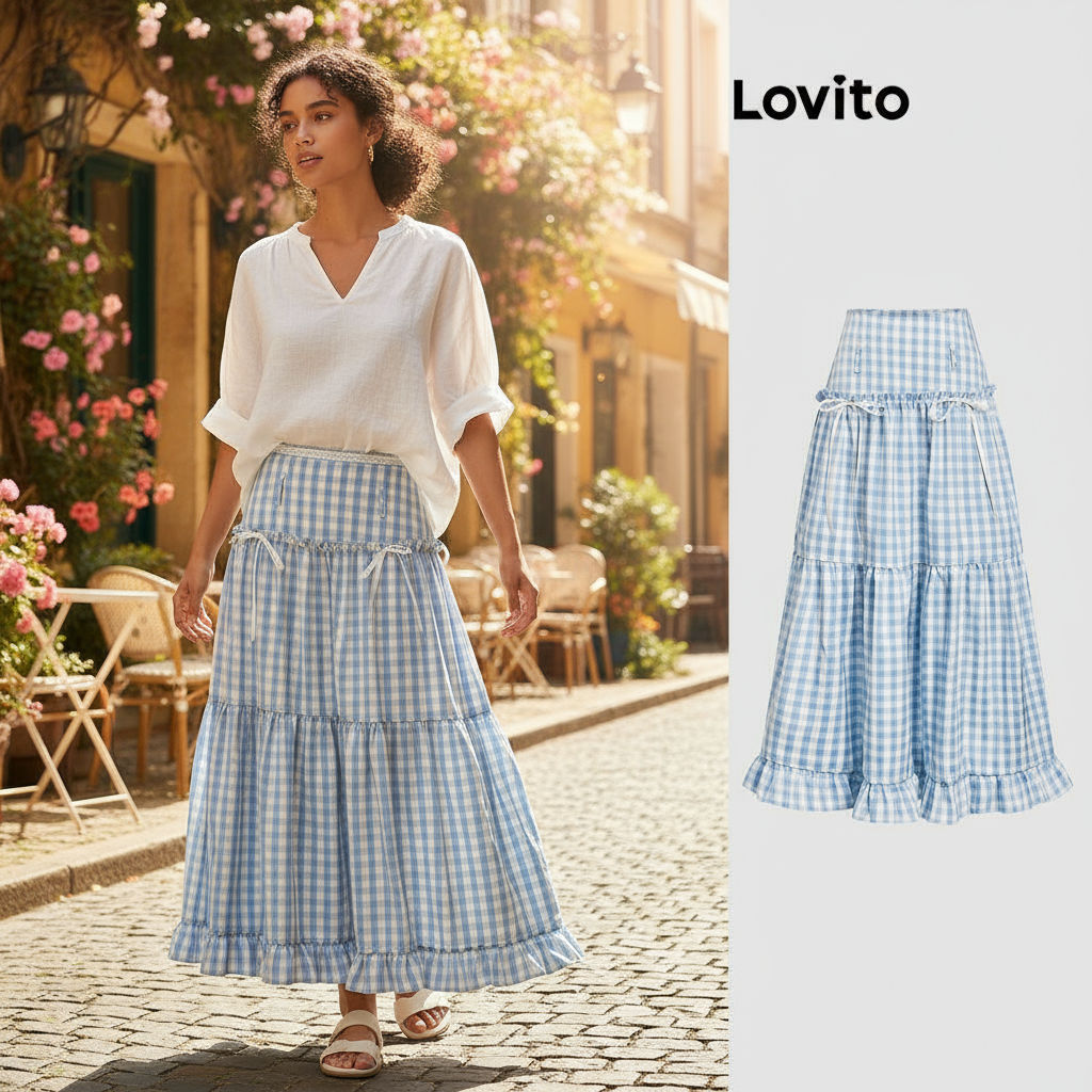 (trendy6)Lovito Saias Fofas Saia Xadrez Com Gravata Frontal Para Mulheres L114AD012